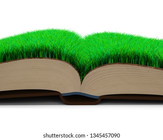 Part of opened book with green grass and brown soil texture page, isolated on white background, side view. 3D illustration.