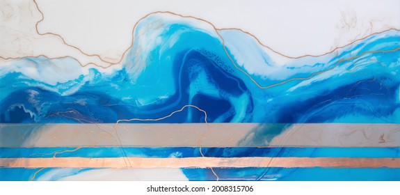 Part Of Original Resin Art, Epoxy Resin Painting. Fluid Art For Modern Banners, Ethereal Graphic Design. Abstract Ethereal Gold, Bronze, Blue And White Swirl. Marble Texture. 