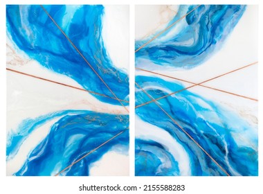 Part Of Original Resin Art Epoxy Resin Painting. High Quality Details. Marble Texture. Fluid Art For Modern Banners, Ethereal Graphic Design. Abstract Ethereal Bronze, Blue And White Swirl.