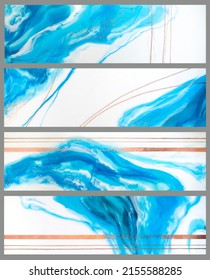 Part Of Original Resin Art Epoxy Resin Painting. High Quality Details. Marble Texture. Fluid Art For Modern Banners, Ethereal Graphic Design. Abstract Ethereal Bronze, Blue And White Swirl.