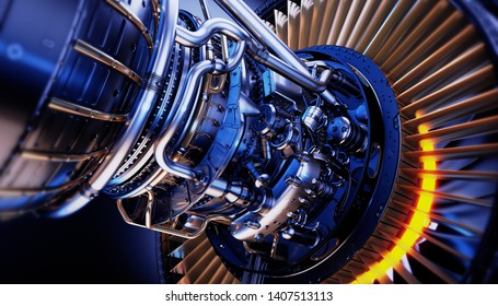 Part Of Real Airplane Turbine On Dark Background, 3d Illustration