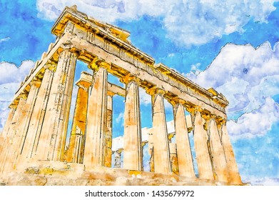 Parthenon Acropolis Hill Watercolor Digital Painting