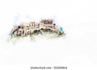 Parthenon And Herodium Construction In Acropolis Hill In Athens, Greece. Modern Painting. Brushed Artwork Based On Photo. Background Texture.