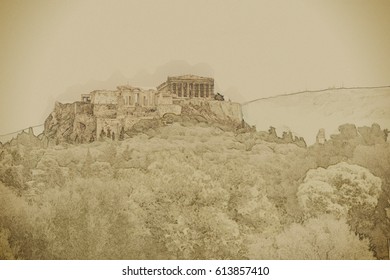 Parthenon And Herodium Construction In Acropolis Hill In Athens, Greece. Modern Painting. Brushed Artwork Based On Photo. Background Texture.