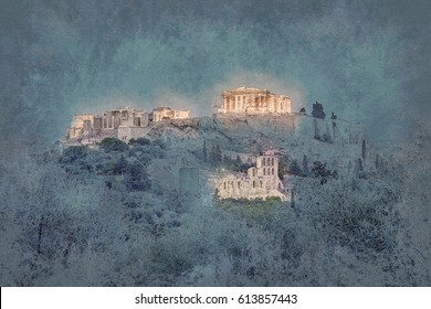 Parthenon And Herodium Construction In Acropolis Hill In Athens, Greece. Modern Painting. Brushed Artwork Based On Photo. Background Texture.