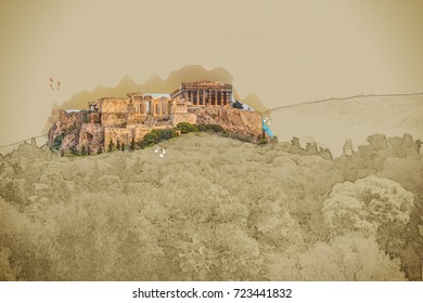 Parthenon And Herodium Construction In Acropolis Hill In Athens, Greece. Modern Painting. Brushed Artwork Based On Photo. Background Texture.