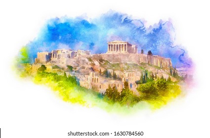 Parthenon Watercolor Illustration, Athens, Greece