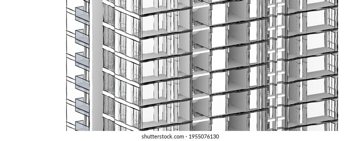 Partial 3d Cross Section Perspective Of A Residence Building.  Black And White Colored 3d Illustration In Hand Sketch Style With Ambient Shadows.