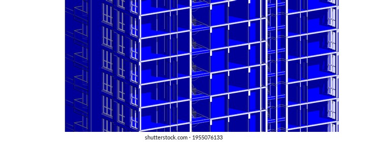 Partial 3d Cross Section Perspective Of A Residence Building.  Horizontal 3d Illustration In Blue Color.