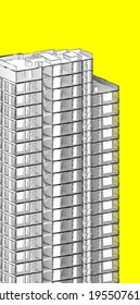 Partial 3d Cross Section Perspective Of A High Rise Residential Building.  Vertical 3d Illustration In Hand Sketch Style With Yellow Background.