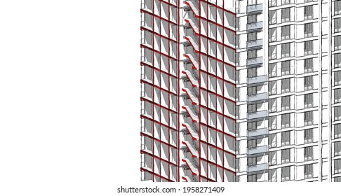 Partial 3d Cross Section Perspective Of A Residential Building.  3d Illustration In Red Colored Cuts On White Background.