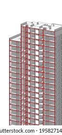 Partial 3d Cross Section Perspective Of A High Rise Residential Building. Vertical 3d Illustration In Red Colored Cuts On White Background.