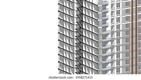 Partial 3d Cross Section Perspective Of A Residential Building.  Pastel Colored 3d Illustration In Black Colored Cuts On White Background.