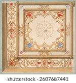 Partial design for a ceiling painted in strapwork and pine cone motifs by Jules-Edmond-Charles Lachaise and Eugene-Pierre Gourdet. Vintage artwork, art illustration. Vintage watercolor painting, art.