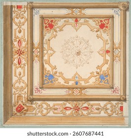 Partial design for a ceiling painted in strapwork and pine cone motifs by Jules-Edmond-Charles Lachaise and Eugene-Pierre Gourdet. Vintage artwork, art illustration. Vintage watercolor painting, art.