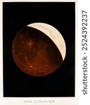 Partial eclipse of the moon from the Trouvelot astronomical drawings (1881-1882) by E. L. Trouvelot (1827-1895). Vintage moon night sky art drawing illustration, old painting art print. Red moon.