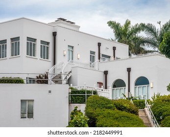 Partial Exterior Of Restored Historic Mansion, Now An Event Venue, On A Coastal Hill In A Public Park In Jensen Beach, Florida, USA, Early Evening. Light Digital Oil-painting Effect, 3D Rendering.