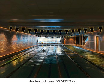 Partial silhouette of a solitary swimmer in the indoor pool of an urban fitness center illuminated by ceiling fixtures and morning window light. Digital glow effect, 3D rendering. - Powered by Shutterstock