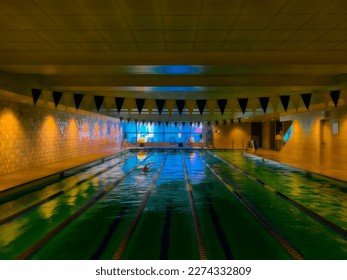 Partial silhouette of a solitary swimmer in the indoor pool of an urban fitness center illuminated by ceiling fixtures and morning window light. Digital painting effect, 3D rendering. - Powered by Shutterstock