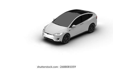 Partially left, front and top down view of a white colored premium electric vehicle on a white background
