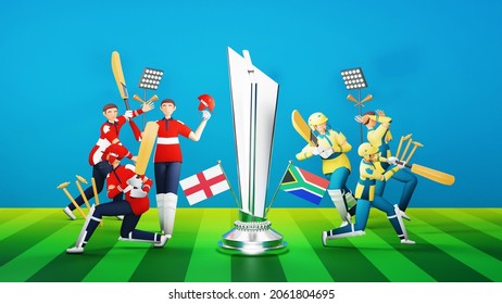 Participating Cricket Team Of England VS South Africa With Silver Winning Trophy And Tournament Equipments In 3D Style.