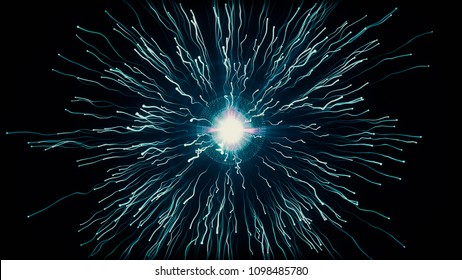 Particle Collision And Explosion. Bright Blue Particles With Streams Collide And Create Explosion Shockwave With Trails. Spherical Multicolored Explosion With Flares Isolated On Black Background. 4K