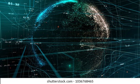 Particle emitting Earth globe over blue and green network grid and data connections. Business, technology, communications or social media background. Depth of field settings. 3D rendering.