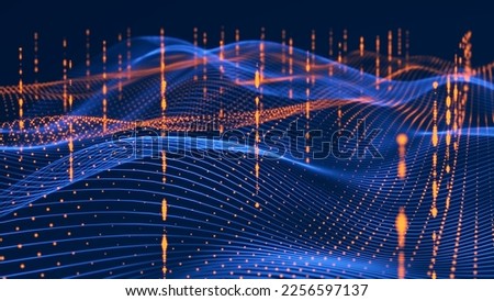 Particle flow. Blue background with waves and lots of glowing particles. Stream. Information technology background. 3d rendering