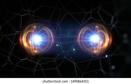 Particle, quantum entanglement (quantum correlation). 3d illustration
