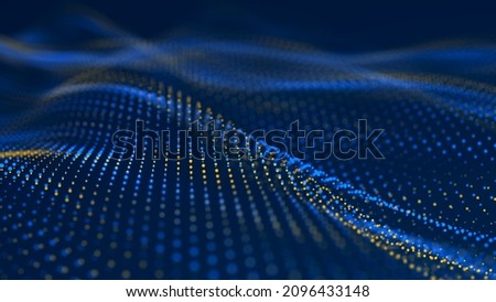 Particle stream. Blue wave background with many glowing particles. Information technology background. 3d rendering