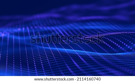 Particle stream. Blue wave background with many glowing particles. Information technology background. 3d rendering