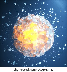 Particles from Ice. Ice and fire. Explosive ice. 3d illustration.
