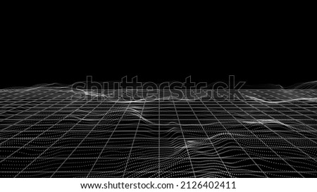 Particles landscape. White dots, perspective grid tech framework. Digital banner, sound waves or wavy surface background