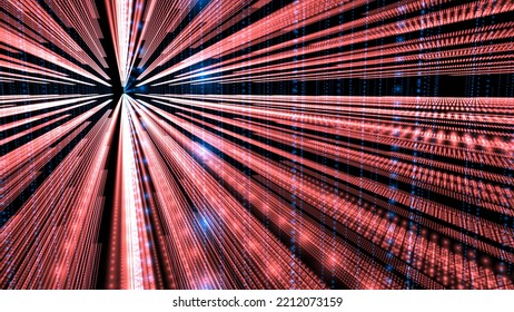 Particles Of Red Light Gathering Towards The Vanishing Point. A Network In The Digital Space. Abstract Concept Representing Big Data And Meta Verse. A Distant Vanishing Point. 3D Rendering.