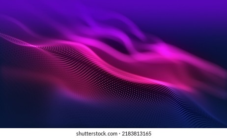 Particles Wave Cyber Or Technology Background. Abstract Seamless Loop Of Mesh Glowing Red Dots Digital Luxurious Sparkling Wave Particles Flows Background, Motion Of Digital Data Flow.