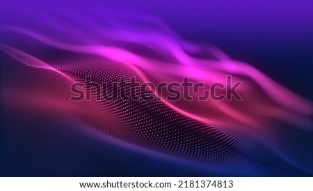 Particles wave Cyber or technology background. Abstract seamless loop of mesh glowing red dots digital luxurious sparkling wave particles flows background, Motion of digital data flow.