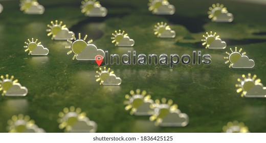 Partly Cloudy Weather Icons Near Indianapolis City On The Map, Weather Forecast Related  3D Rendering