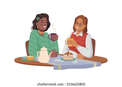 Partners or friends, female lesbian couple sitting in cafe on date. girlfriends drinking tea and coffee, talking and enjoying evening. Communication and togetherness. Flat cartoon character