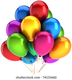 Party Balloons Happy Birthday Balloon Group Decoration Multicolor Rainbow. Anniversary Graduation Retirement Occasion Life Event Jubilee Celebrate Greeting Card. 3d Render Isolated On White Background