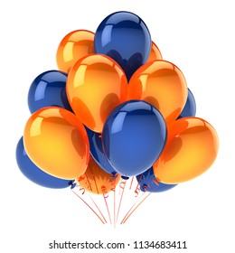 party balloons orange blue colorful. helium balloon bunch birthday decoration glossy, carnival celebration background. 3d illustration