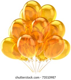 Party balloons yellow gold golden balloon translucent baloons. Beautiful happy birthday celebrate decoration. Joy fun happiness holiday positive emotion concept. 3d render isolated on white background