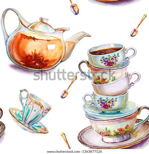 Party Colorful Tea Cups Saucers Closeup Stock Illustration