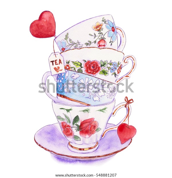 Party Colorful Tea Cups Saucers Closeup Stock Illustration 548881207