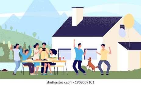 Party Concept. Friends Having Fun In Lake House. Flat People Characters, Corporate Party. Scandinavian Hygge Lifestyle Illustration