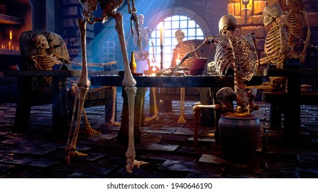 Party At The Creepy Skeletons In A Mystical Medieval Dungeon. Mystical Nightmare Concept. 3D Rendering.