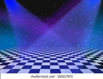 Party dance and dancing floor made of checkered tiles and shining spot lights with sparkles and reflections as a fun disco music entertainment background for an announcement or festive message.