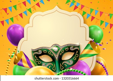 Party hat and masquerade ball mask at mardi gras banner background. Venetian carnival or festival invitation flyer with balloons and flags, beads and confetti. Fat tuesday and venetian celebration - Powered by Shutterstock