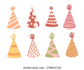Party hat set with different texture pattern and color birthday hat flat illustration isolated on white background