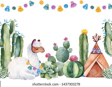 Party invitation with green watercolor cactus,succulents,flowers,garlands,teepee and cute llama.Birthday card.Perfect for your project,wedding,print,baby shower,bridal,template,invite and more.