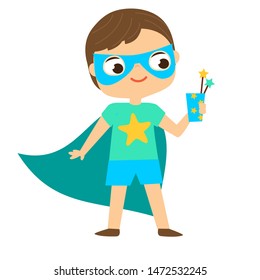 Party kid. Boy in superhero mask with drink. Cartoon happy child character for Birthday, celebration and holidays design - Powered by Shutterstock